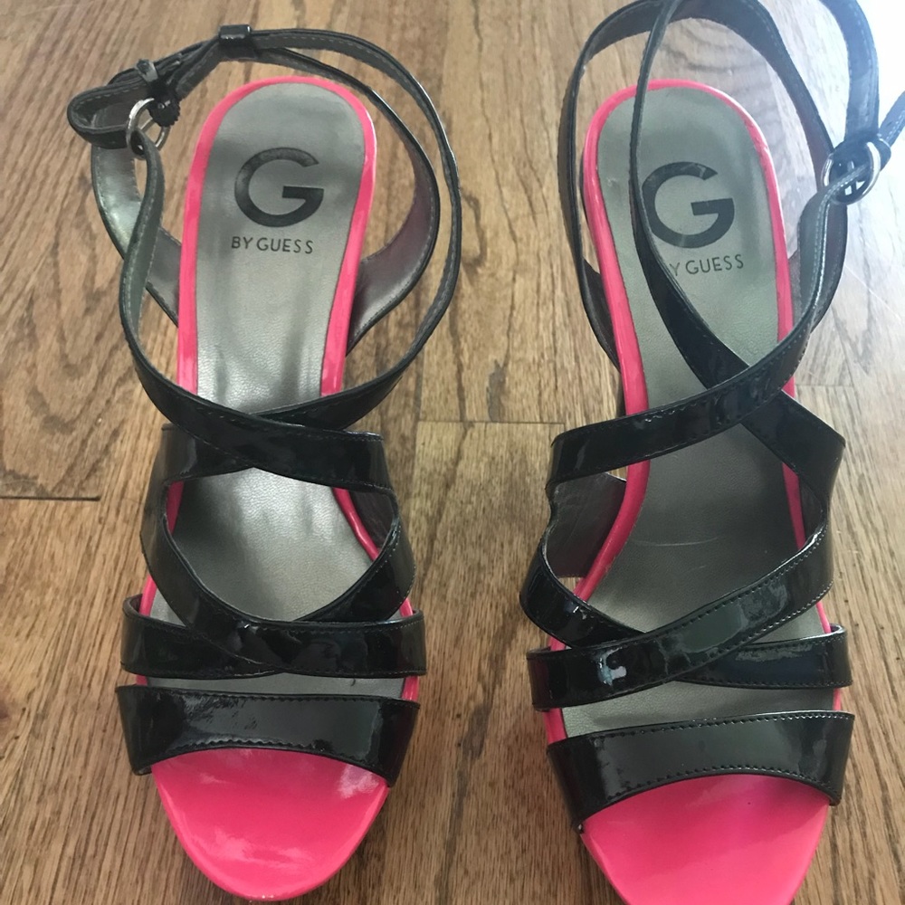 G by Guess pink and black patent Strappy heels.